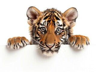 Obraz premium Close-up portrait of a baby tiger cub looking curiously out from behind a white wall. The cub has striking blue eyes and soft fur typical of its species.