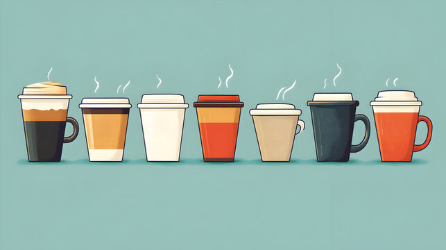 Vibrant Assortment of Coffee Cups in Diverse Sizes and Designs