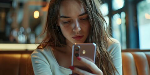 A woman is looking at her cell phone with a frown on her face. She is sitting on a couch and she is in a bad mood