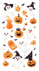 This delightful Halloween vector set showcases charming ghosts, cheerful pumpkins, and festive treats, perfect for seasonal celebrations