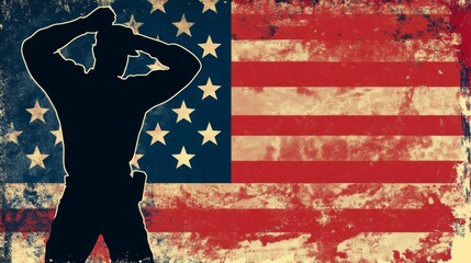 Silhouette of a Person with Their Hands on Their Head Against a Grunge American Flag Background