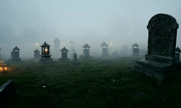 A foggy graveyard scene with old, crooked tombstones, swirling mist.