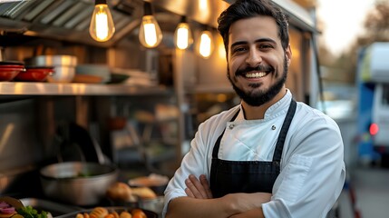 Fototapeta premium Portrait of a Chef in a Blurred Food Truck Background, Portrait Shot, Chef, Food Truck
