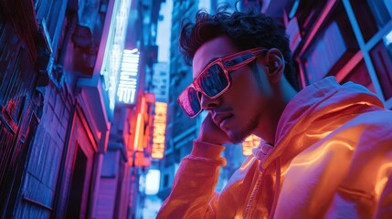 A stylish young man in neon-lit city alley, wearing trendy sunglasses and an orange hoodie, capturing the essence of urban nightlife.