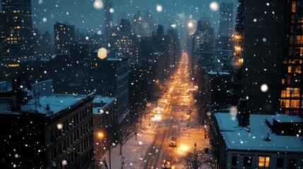Obraz premium A cityscape at night during a snowfall, with streetlights casting a warm glow on the snowy