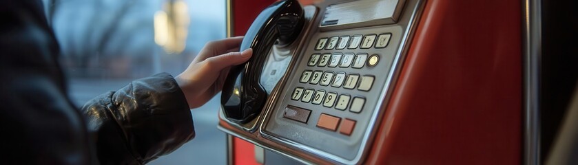 Close-up view of a hand using a public payphone, showcasing vintage communication in a modern world.