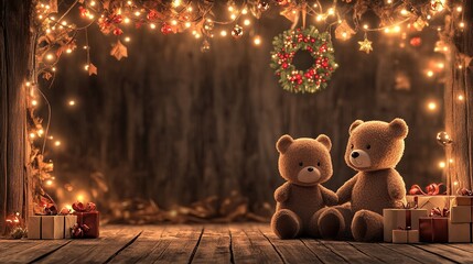 Christmas teddy bears with a Christmas wreath and presents on a wooden background, digital art painting illustration, cozy room for children photography backdrop, studio backdrops, studio photography