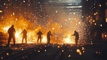 Silhouetted Workers Amidst Sparks and Smoke in a Factory Setting