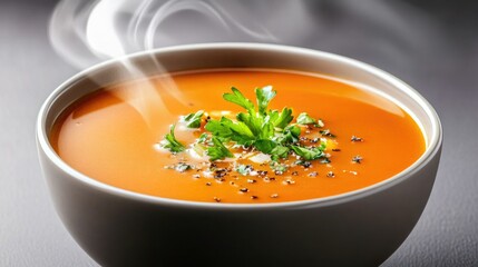 A steaming bowl of delicious tomato soup garnished with fresh herbs, perfect for a cozy meal or comfort food craving.