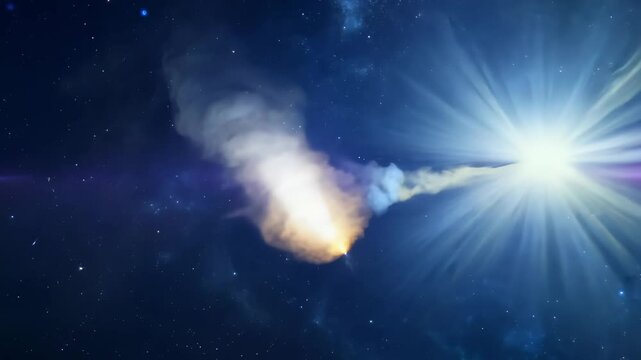 A brilliant comet streaks across the vast expanse of space, its bright tail glowing as it moves farther from a distant star. The camera follows the comet, highlighting the intense light on its nucleus