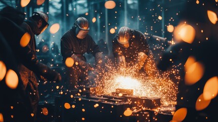 Industrial Workers Welding Metal with Sparks Flying