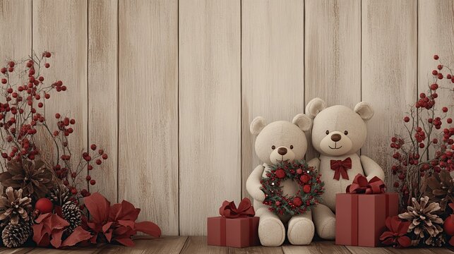 Christmas teddy bears with a Christmas wreath and presents on a wooden background, digital art painting illustration, cozy room for children photography backdrop, studio backdrops, studio photography