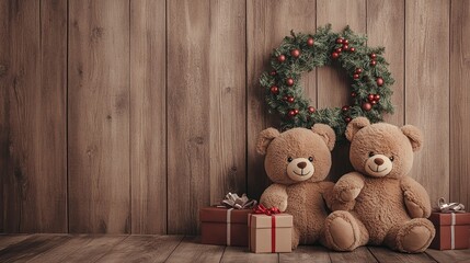 Christmas teddy bears with a Christmas wreath and presents on a wooden background, digital art painting illustration, cozy room for children photography backdrop, studio backdrops, studio photography