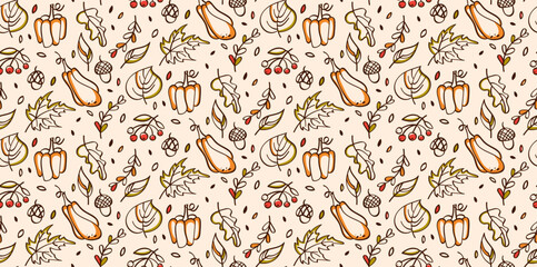 Autumn doodle hand drawn seamless pattern. Cute seamless illustration of fallen leaves, pumpkins, berries, acorn. Sketches, vector line icons. Texture for wallpaper, background, fabric, packaging.