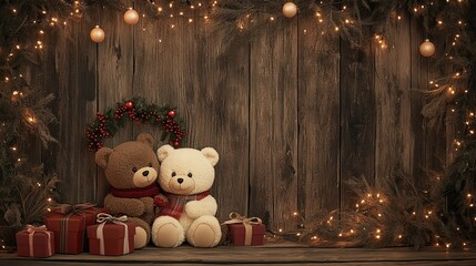 Christmas teddy bears with a Christmas wreath and presents on a wooden background, digital art painting illustration, cozy room for children photography backdrop, studio backdrops, studio photography