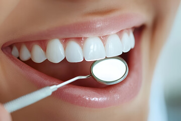 Woman teeth and a dentist mouth mirror