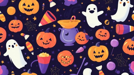 An adorable Halloween vector set showcases cute pumpkins, playful ghosts, candy, and other festive decorations on a dark backdrop