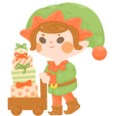 Cute Elf boy push wooden car contain christmas Gift for kid.cute Christmas Character cartoon illustration.