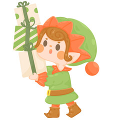 Cute Elf boy holding christmas gift for kid. cute Christmas Character cartoon illustration.