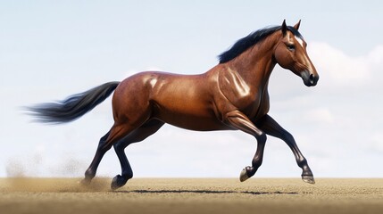 Bay Horse Running on Sandy Ground