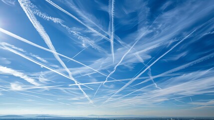 A bright blue sky with many airplane contrails crossing each other. - Powered by Adobe