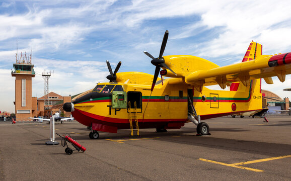 Bombardier Canadair CL-415 Super Scooper aerial fire fighting aircraft at the Marrakesh Air Expo. Marrakech Airport, Morocco