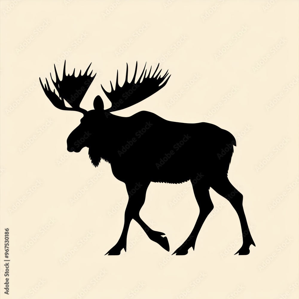 Canvas Prints Silhouette of a moose with large antlers walking to the right on a cream background.