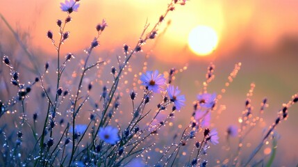 Sunset Dewdrops on Flowers