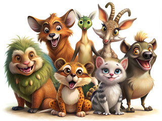 Naklejka premium A cheerful group of animated cartoon animals is joyfully posing together for a delightful picture to capture the moment