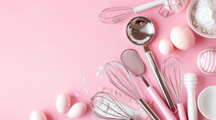 A flat lay of baking supplies in a pink color scheme.