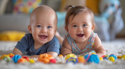 Two smiling babies on a carpet, surrounded by colorful toys, enjoying playtime indoors.