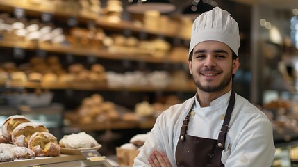 Portrait of a Baker in a Blurred Bakery Background, Portrait Shot, Baker, Bakery Background