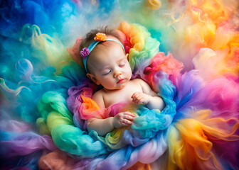 Fototapeta premium In a serene setting, a baby is peacefully sleeping while wrapped in a vibrant, rainbowcolored blanket that brings joy and warmth