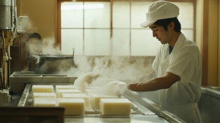 Japanese Chef Making Tofu in a Traditional Workshop
