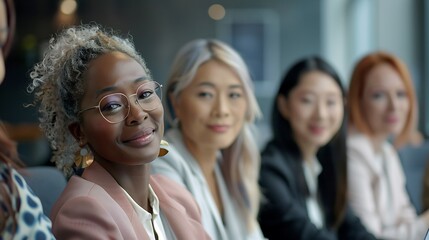 Obraz premium Multiracial Businesswomen in a Corporate Meeting, Emphasizing Gender Equality, Group Portrait Shot, Multiracial, Gender Equality