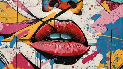 Vibrant street art mural featuring abstract lips and bold colors