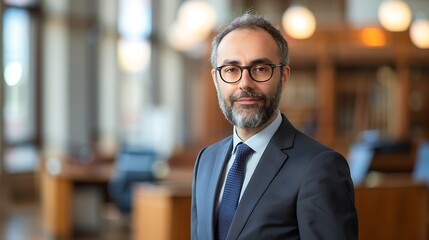 Fototapeta premium Portrait of a Lawyer in a Blurred Courtroom Background, Portrait Shot, Lawyer, Courtroom Background