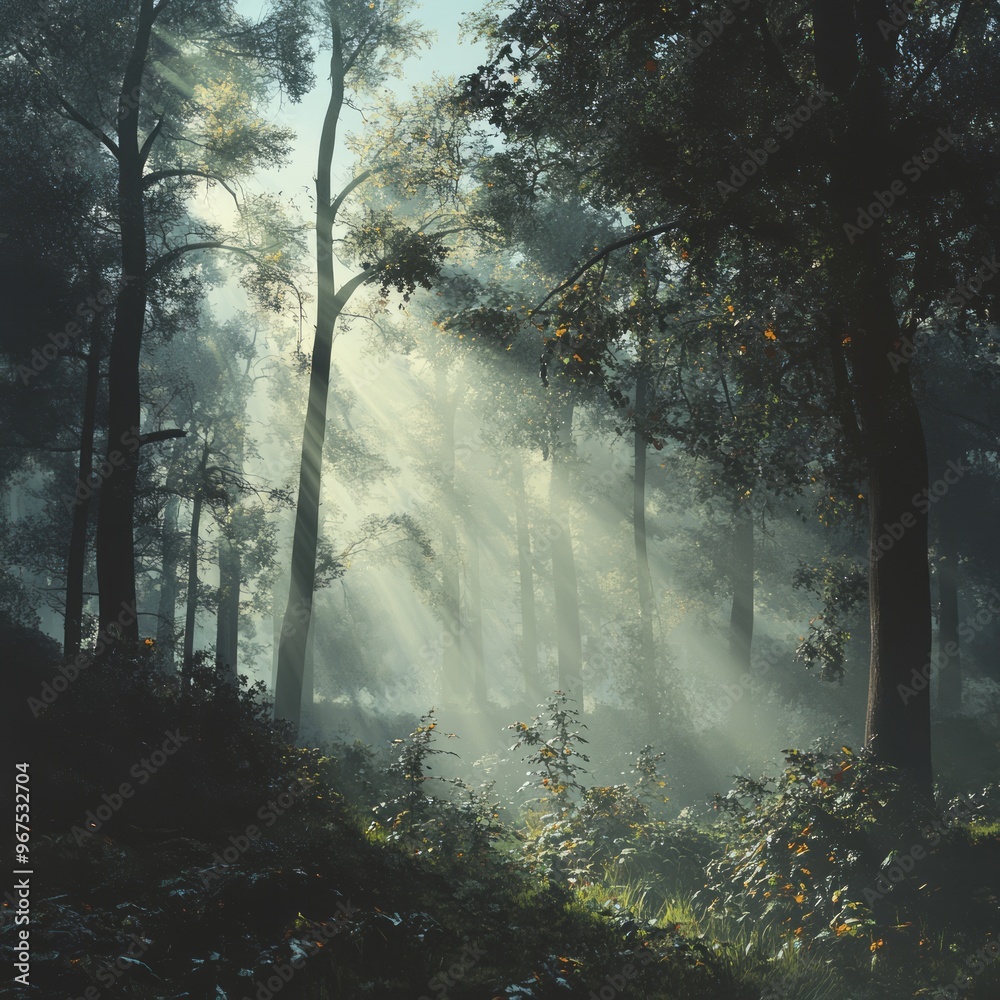 Sticker Sunbeams pierce through the dense fog in a mystical forest, casting long shadows on the green undergrowth.