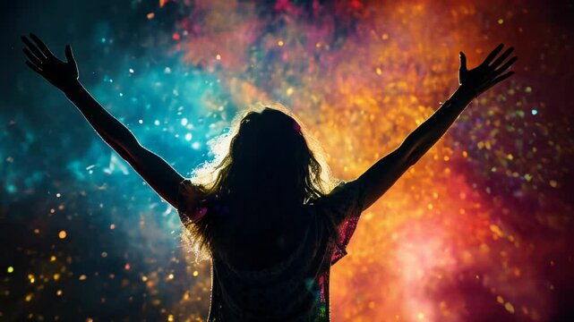 Silhouette of young woman with raised hands on concert, in night club or disco party