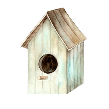 recommend clip art: Birdhouse. Watercolor drawing on a white background. The illustration is hand drawn. Suitable for card designs, textiles and scrapbooking.