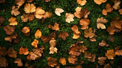 Autumn forest floor, lush green moss, scattered fallen leaves, rich earthy colors, brown and orange foliage, intricate natural textures, dappled sunlight, top-down view.