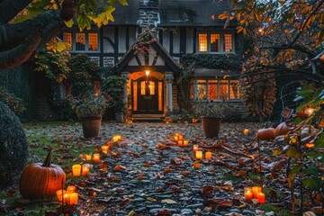 Festive English homes with autumn decorations, pumpkins, wreaths, and lanterns.