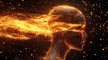 Obraz premium A stunning visual of a fiery silhouette merging human features with elements of energy and creativity, representing transformation.