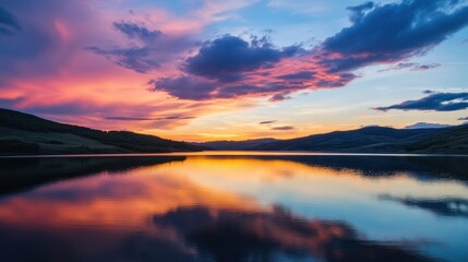 Reflective Sunset Over a Mountain Lake