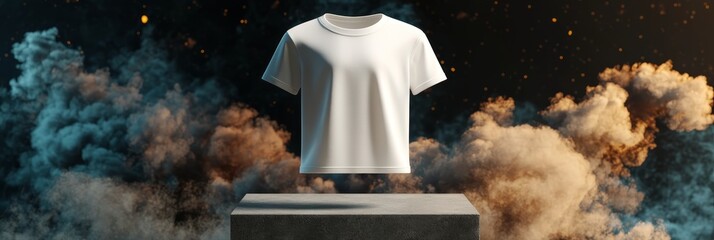 White Blank T-shirt Floating With Abstract Smoke, Minimalist Apparel Display On Stone