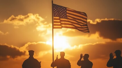 The American flag is being raised on a pole at sunset, surrounded by silhouettes of individuals saluting in a solemn ceremony