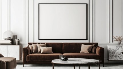 Elegant Living Room with a Brown Sofa and a Large Blank Canvas