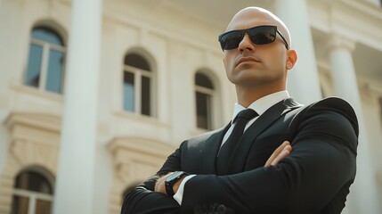 Fototapeta premium Bald man in black suit, dark sunglasses, arms crossed, confident pose, white building background, professional bodyguard, security detail, low angle shot.