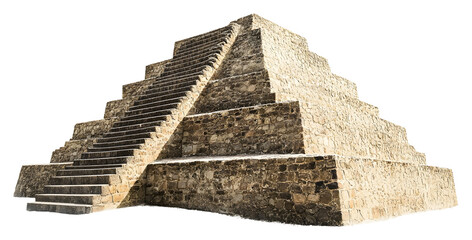 Ancient stone pyramid with steps isolated on transparent background
