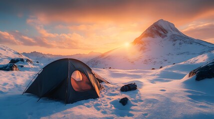 Black tent in snowy landscape, majestic snow-capped mountain peak, twilight sky, golden sunset glow, pristine white snow, winter camping scene, extreme adventure.